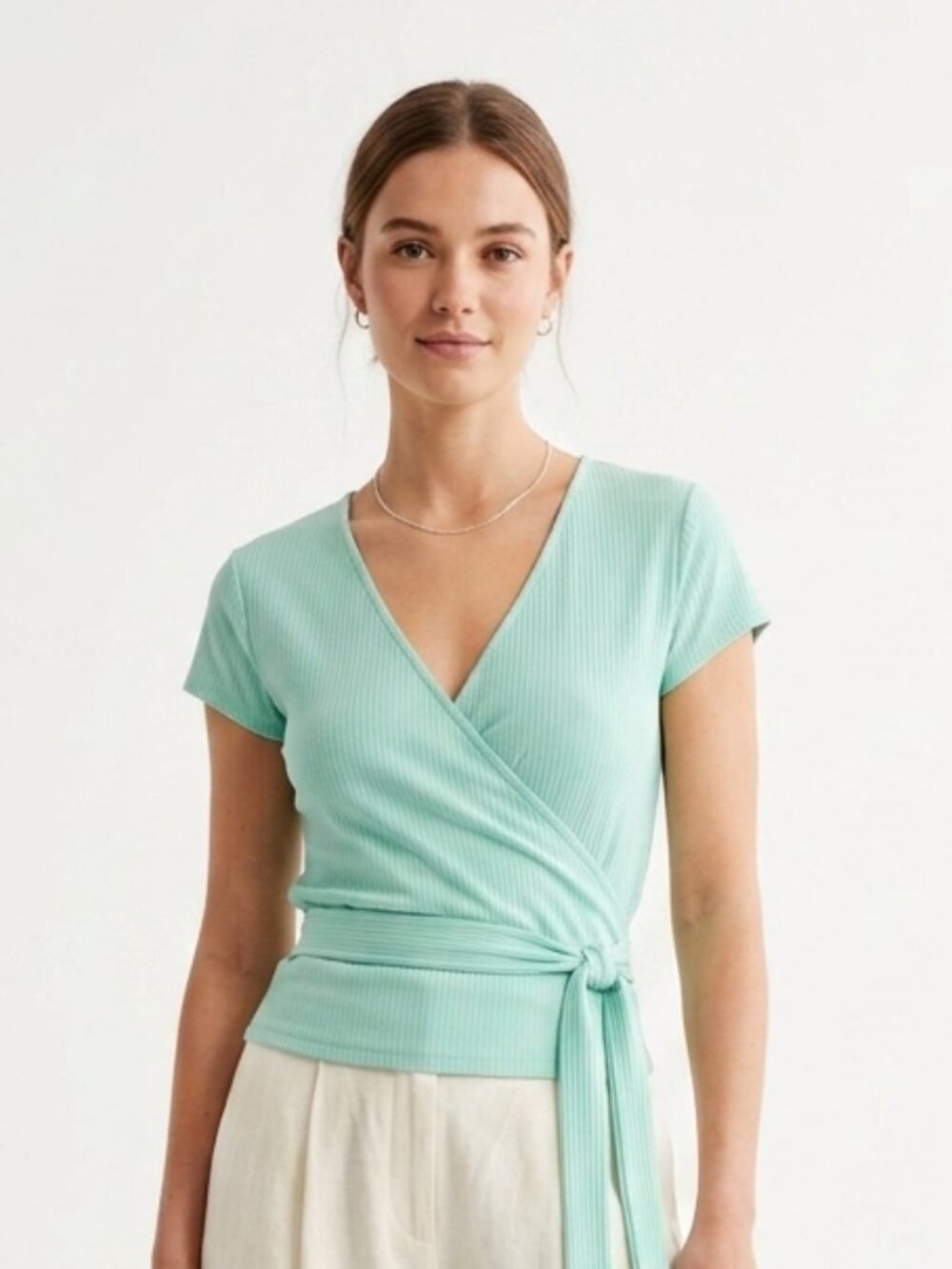 YMI Blouse Green Ribbed Wrap Casual XL